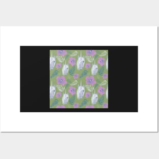 Unicorn and Hibiscus Pink Green Floral Pattern Posters and Art